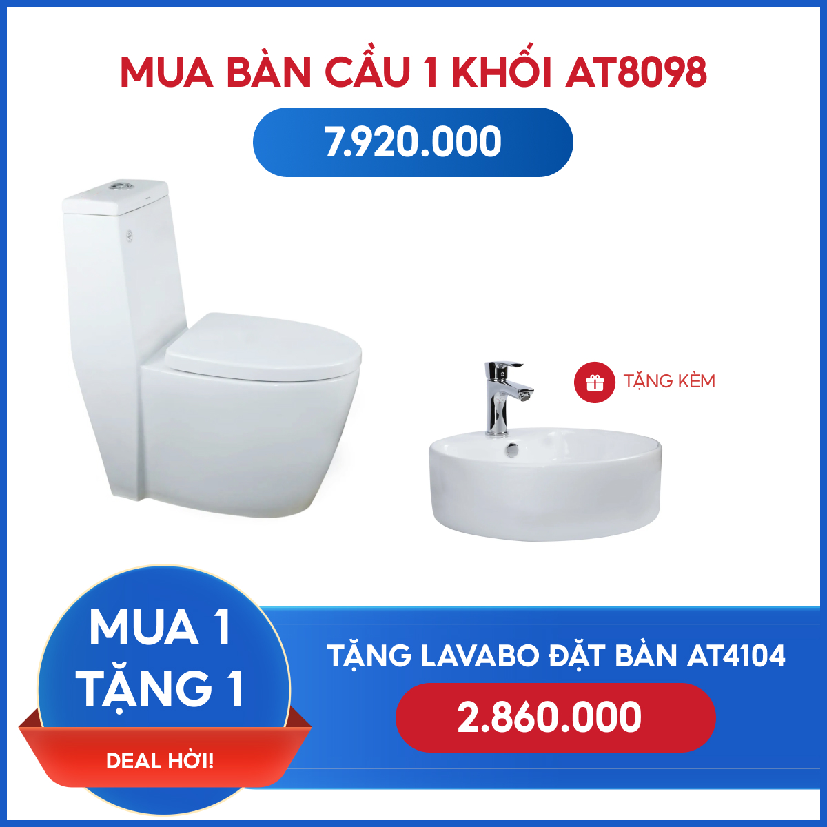 Combo Bồn Cầu 2 khối AT8098 + Lavabo đặt bàn AT4104