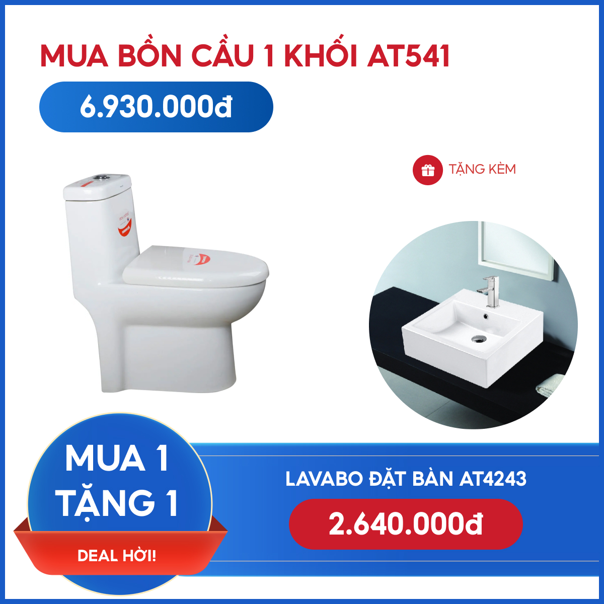 Combo Bồn Cầu 1 Khối AT541 + Lavabo đặt bàn AT4243