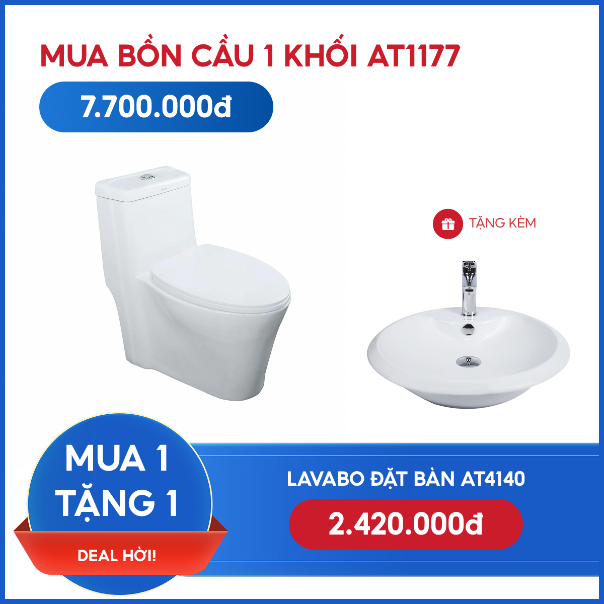 Combo Bồn Cầu 1 khối AT1177 + Lavabo đặt bàn AT4140