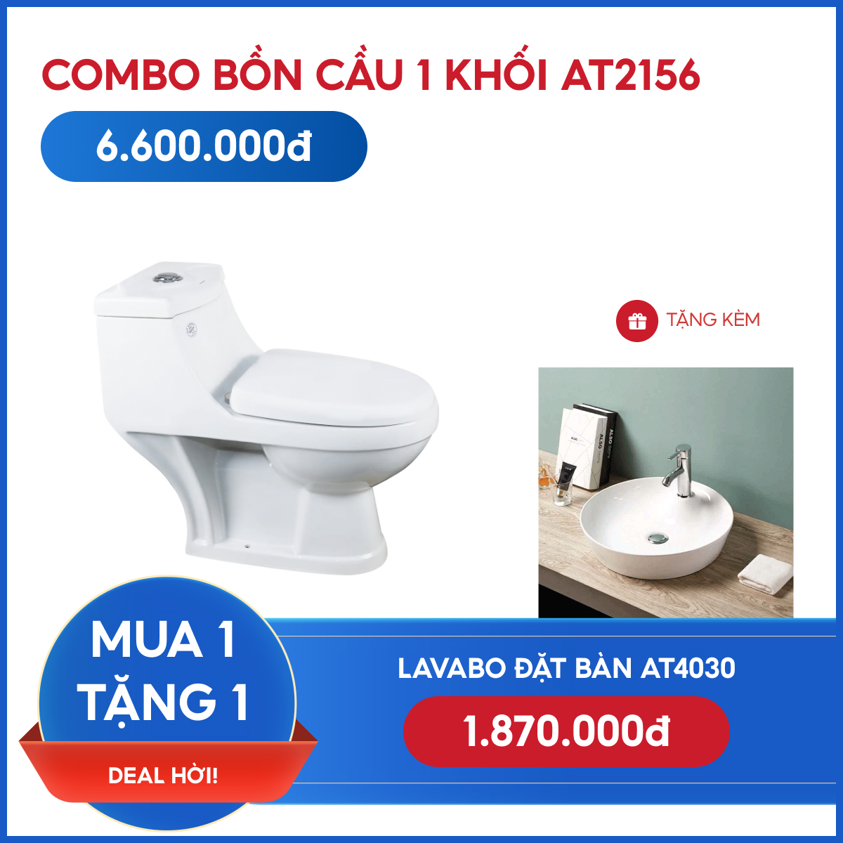 Combo Bồn Cầu 1 khối AT2156 + Lavabo đặt bàn AT4030