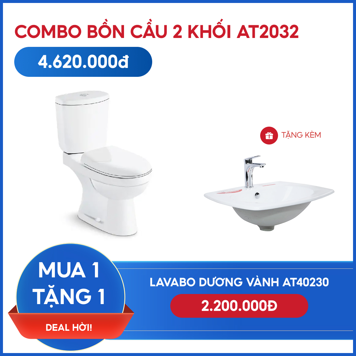 Combo Bồn Cầu 2 khối AT2032 + Lavabo dương vành AT40230