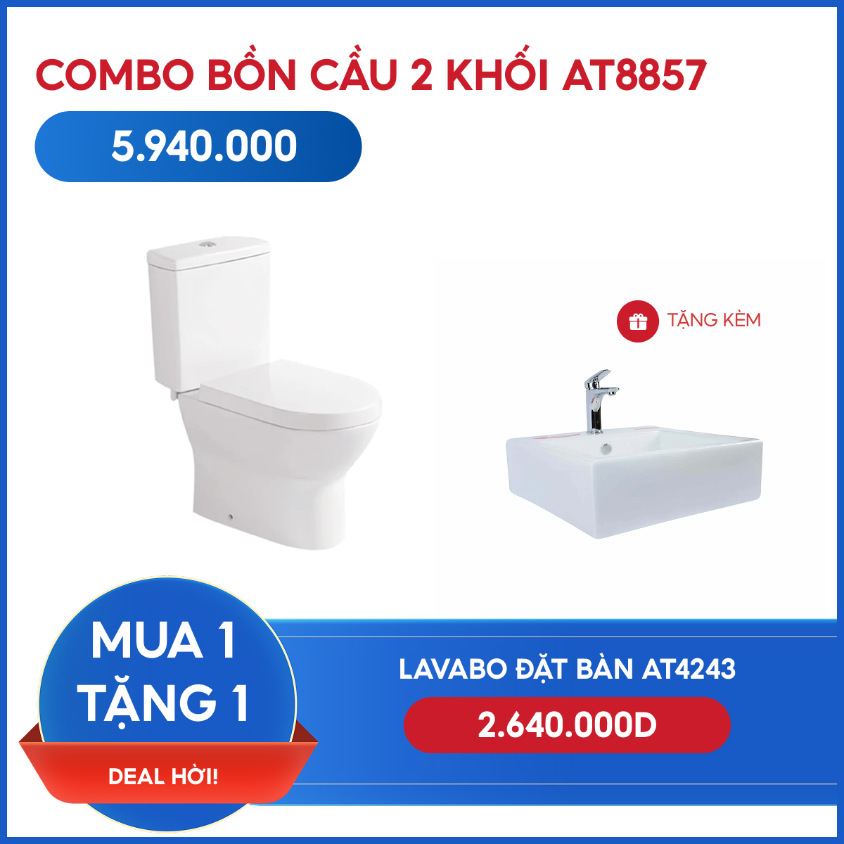 Combo Bồn Cầu 2 khối AT8857 + Lavabo treo tường AT4243