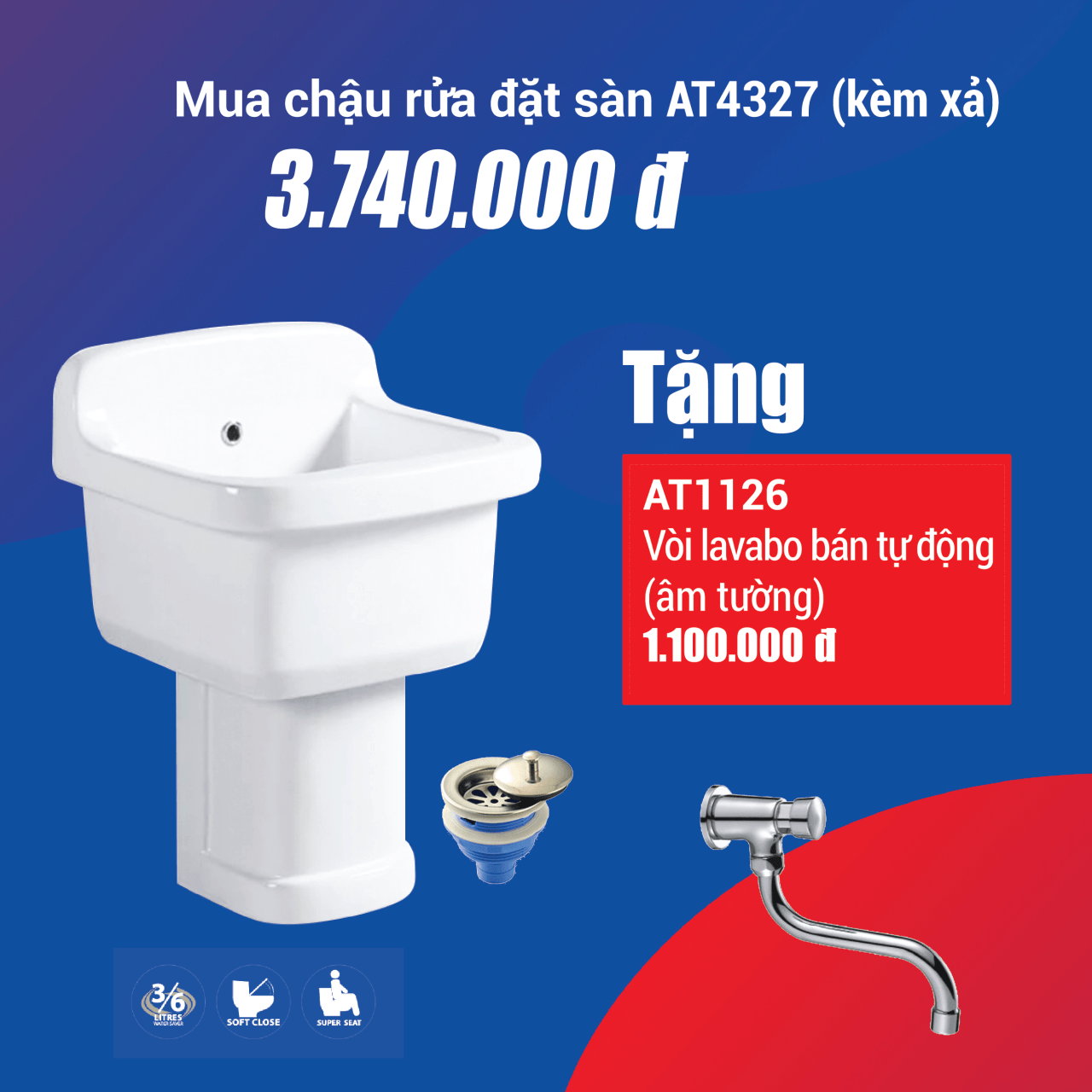 Chậu rửa đặt sàn ATMOR AT4327 + vòi bán tự động âm tường ATMOR AT1126