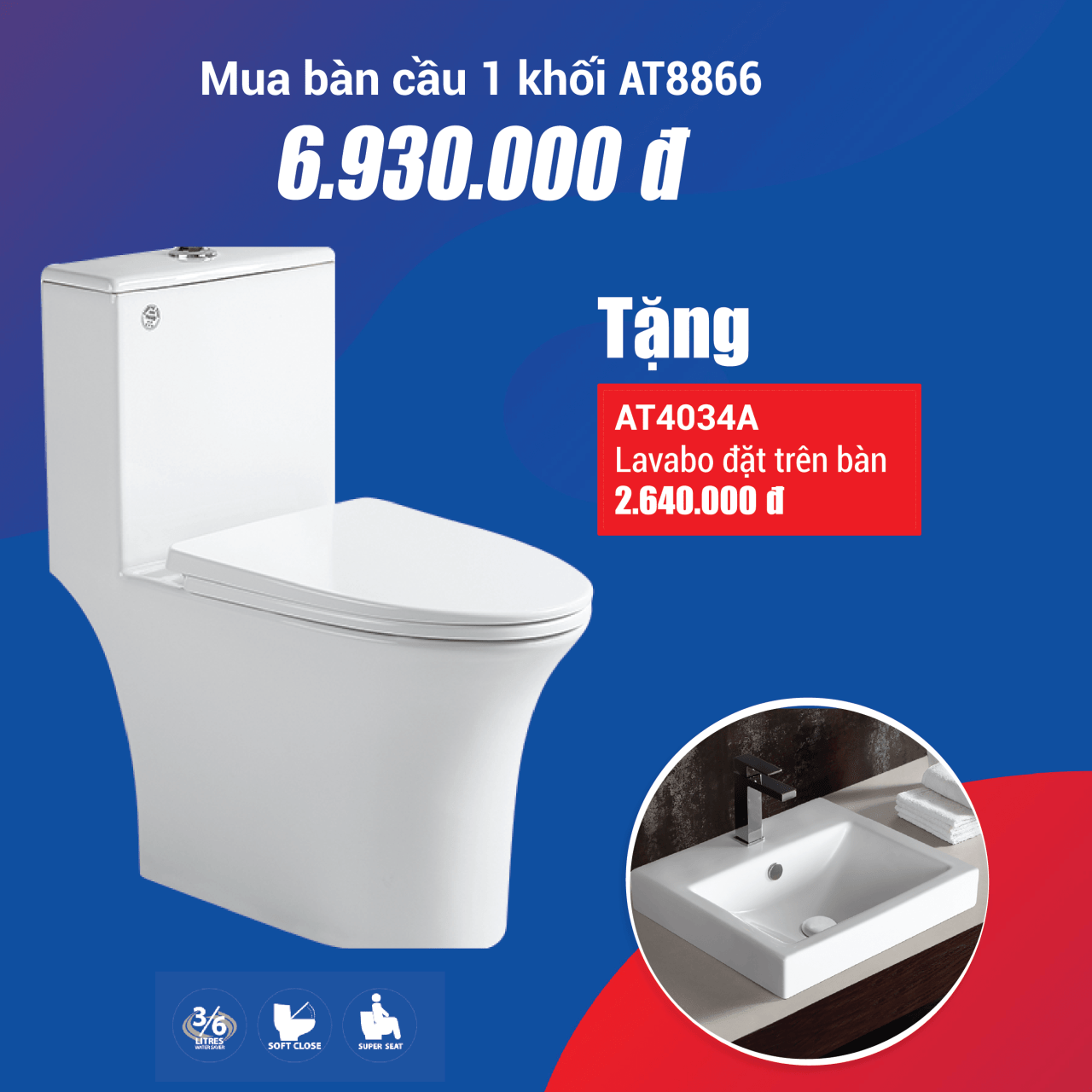 Combo Bồn Cầu 2 khối AT8866 + Lavabo đặt bàn AT4034A